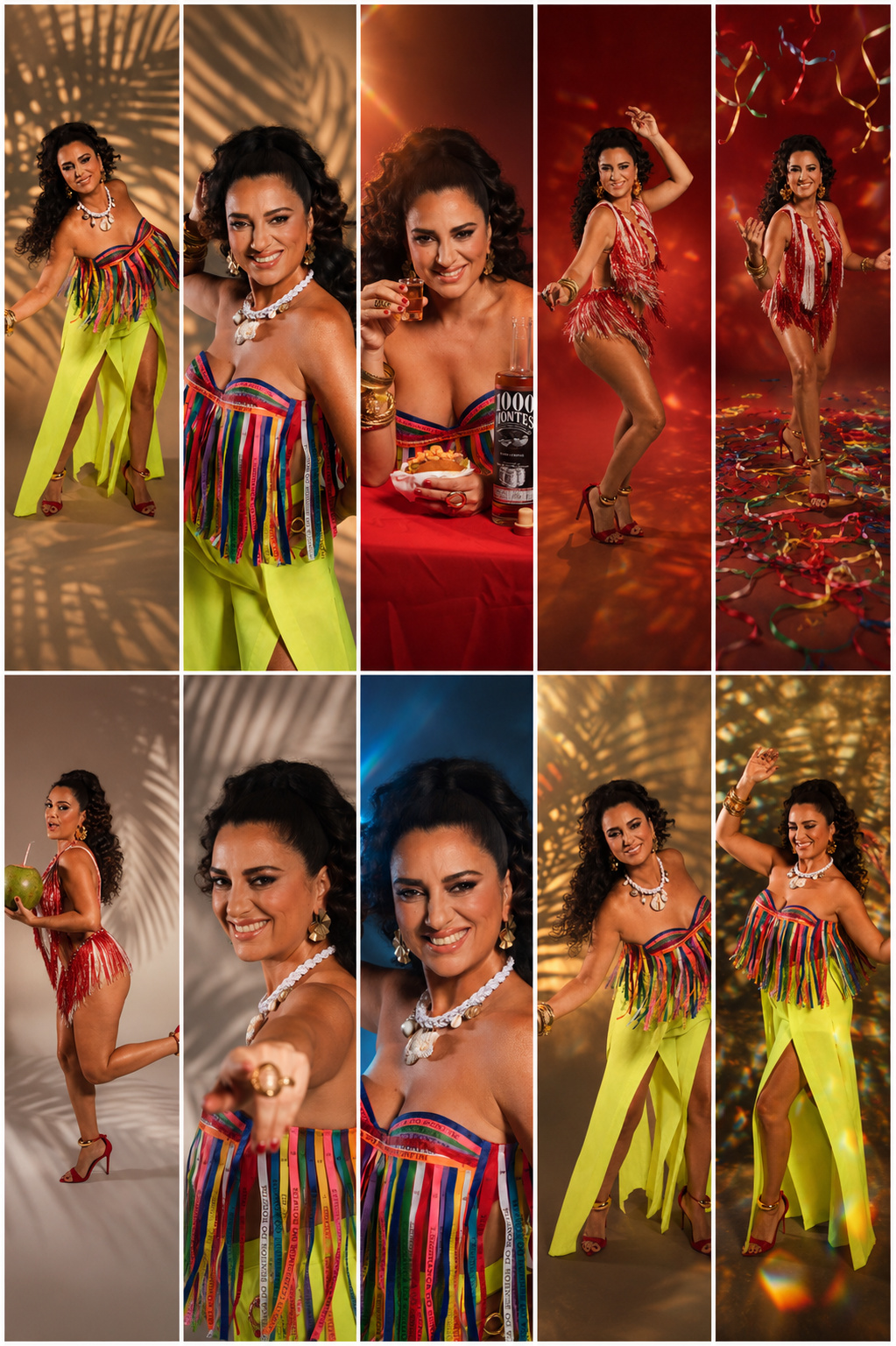 Mosaico vertical com dez fotos do ensaio de Aline Calixto para o Carnaval BH 2026, em paleta dourada, vermelha e âmbar, com fitas de carnaval, sombras de palmeira, prismas na lente e atmosfera de palco em estúdio.